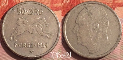 Норвегия 50 эре 1959 года, редкая, KM# 408, 254a-040