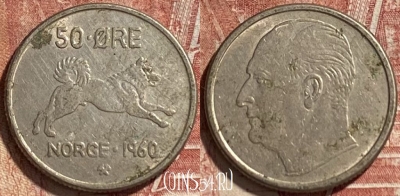 Норвегия 50 эре 1960 года, KM# 408, 463r-477