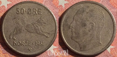 Норвегия 50 эре 1961 года, KM# 408, 350-025