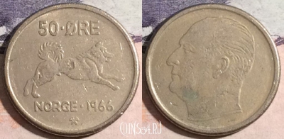 Норвегия 50 эре 1966 года, KM# 408, 174-123