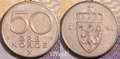 Норвегия 50 эре 1988 года, KM# 418, 193-089