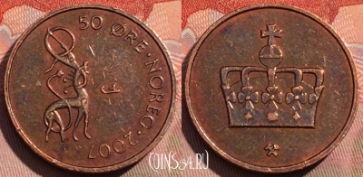 Норвегия 50 эре 2007 года, KM# 460, 268a-059