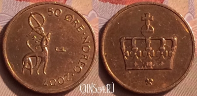 Норвегия 50 эре 2007 года, KM# 460, 450-107