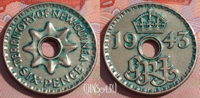 Новая Гвинея 6 пенсов 1943 г., редкая, KM# 9, 154b-033
