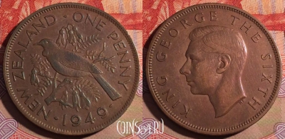 Новая Зеландия 1 пенни 1949 года, KM# 21, 201a-064