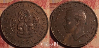 Новая Зеландия 1/2 пенни 1951 года, KM# 20, 164a-100