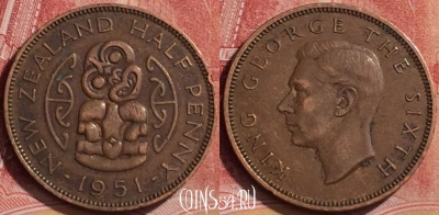 Новая Зеландия 1/2 пенни 1951 года, KM# 20, 166l-109