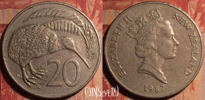 Новая Зеландия 20 центов 1987 года, KM# 62, 170a-075