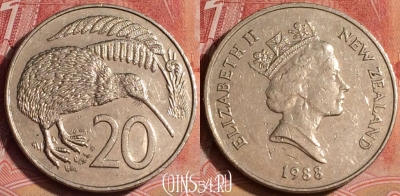 Новая Зеландия 20 центов 1988 года, KM# 62, 393-040