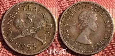 Новая Зеландия 3 пенса 1953 года, KM# 25.1, 269i-054