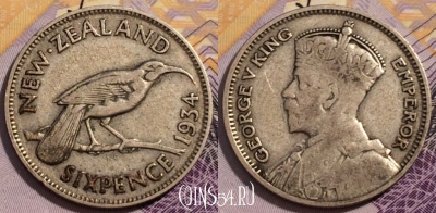 Новая Зеландия 6 пенсов 1934 года, KM# 2, 232-054