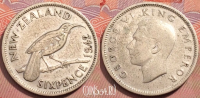 Новая Зеландия 6 пенсов 1942 года Ag, KM# 8, 248-128