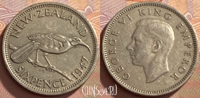 Новая Зеландия 6 пенсов 1947 года, KM# 8a, 215p-114