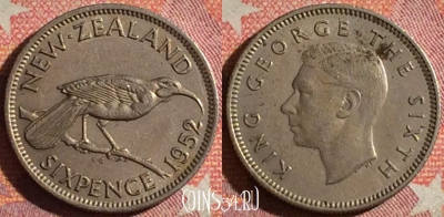 Новая Зеландия 6 пенсов 1952 года, KM# 16, 370-091