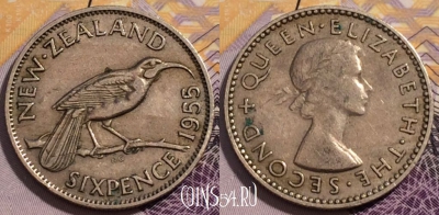 Новая Зеландия 6 пенсов 1955 года, KM# 26.1, 232-059