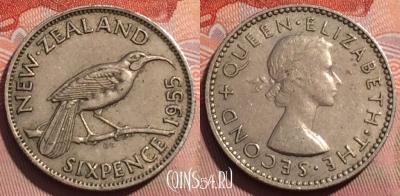 Новая Зеландия 6 пенсов 1955 года, KM# 26.1, 243a-032
