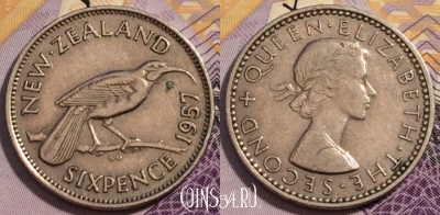 Новая Зеландия 6 пенсов 1957 года, KM# 26.1, 232-060