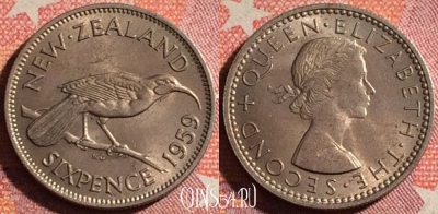 Новая Зеландия 6 пенсов 1959 года, KM# 26.2, 364-141