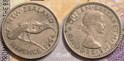 Новая Зеландия 6 пенсов 1964 года, KM# 26.2, 152-034