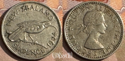 Новая Зеландия 6 пенсов 1964 года, KM# 26.2, s189t-108