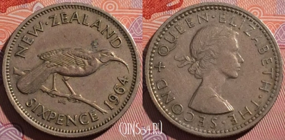 Новая Зеландия 6 пенсов 1964 года, KM# 26.2, a099-078