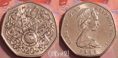 Остров Мэн 20 пенсов 1982 года, KM# 90, UNC, 372j-019