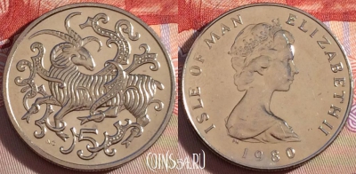 Остров Мэн 5 пенсов 1980 года, KM# 61, UNC, 095b-046