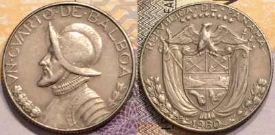 Панама 1/4 бальбоа 1980 года, KM# 11.2a, 141-010