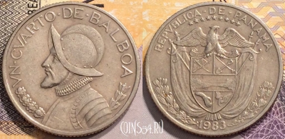 Панама 1/4 бальбоа 1983 года, KM# 11.2a, 142-036