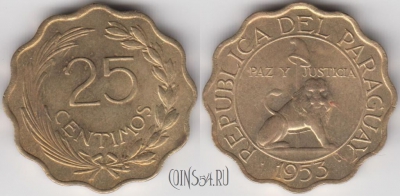Парагвай 25 сентимо 1953 года, KM 27, 121-098