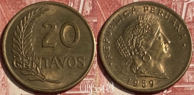 Перу 20 сентаво 1959 года, KM# 221b, 069s-079 ♛
