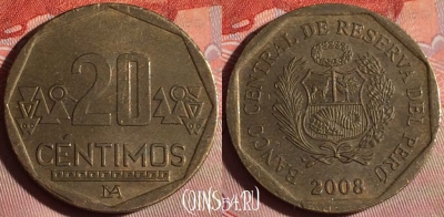 Перу 20 сентимо 2008 года, KM# 306.4, 184f-037