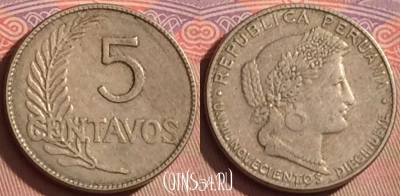 Перу 5 сентимо 1919 года, KM# 213, 103l-008 ♛