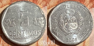 Перу 5 сентимо 2008 года, KM# 304.4a, 157r-135 ♛