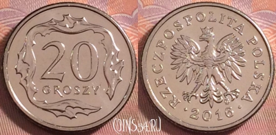 Польша 20 грошей 2016 года, Y# 280, UNC, 106k-067