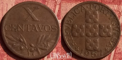 Португалия 10 сентаво 1957 года, KM# 583, 356o-085