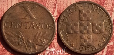 Португалия 10 сентаво 1958 года, KM# 583, 352o-041
