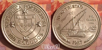 Португалия 100 эскудо 1987 года, KM# 640, UNC, 201l-148