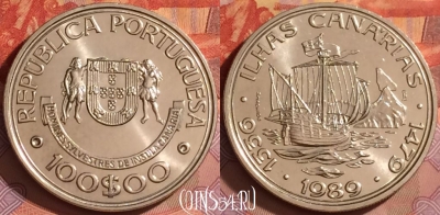 Португалия 100 эскудо 1989 года, KM# 646, UNC, 201l-152