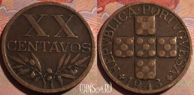 Португалия 20 сентаво 1943 года, KM# 584, 142b-019