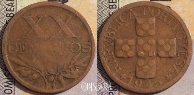 Португалия 20 сентаво 1945 года, KM# 584, 051-019