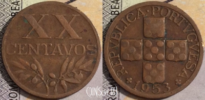 Португалия 20 сентаво 1953 года, KM# 584, 051-027