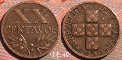Португалия 20 сентаво 1956 года, KM# 584, 283a-144