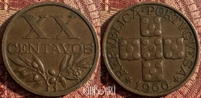 Португалия 20 сентаво 1966 года, KM# 584, 368s-054 ♛