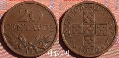 Португалия 20 сентаво 1969 года, KM# 595, 337i-140