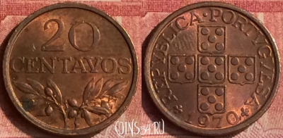 Португалия 20 сентаво 1970 года, KM# 595, 121m-046