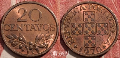 Португалия 20 сентаво 1970 года, KM# 595, 208-024