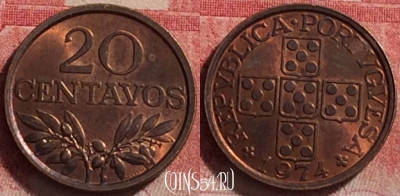Португалия 20 сентаво 1974 года, KM# 595, 219j-036