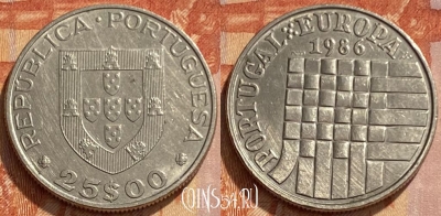 Португалия 25 эскудо 1986 года, KM# 635, 461q-395 ♛