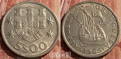 Португалия 5 эскудо 1965 года, KM# 591, 449q-132 ♛